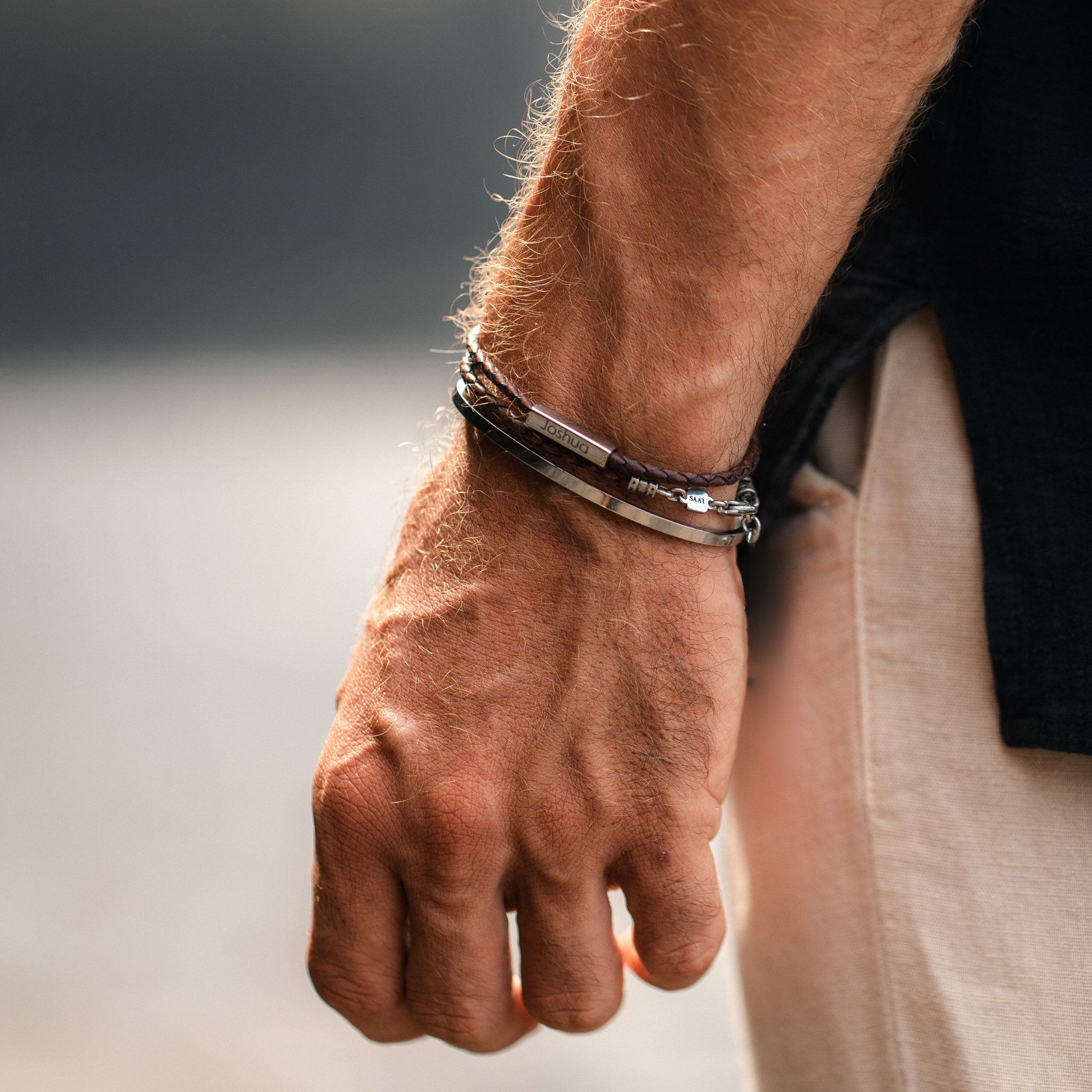 Tan double wrap woven leather bracelet features a signature SAAR lobster clasp with stainless steel engraving plate for personalisation