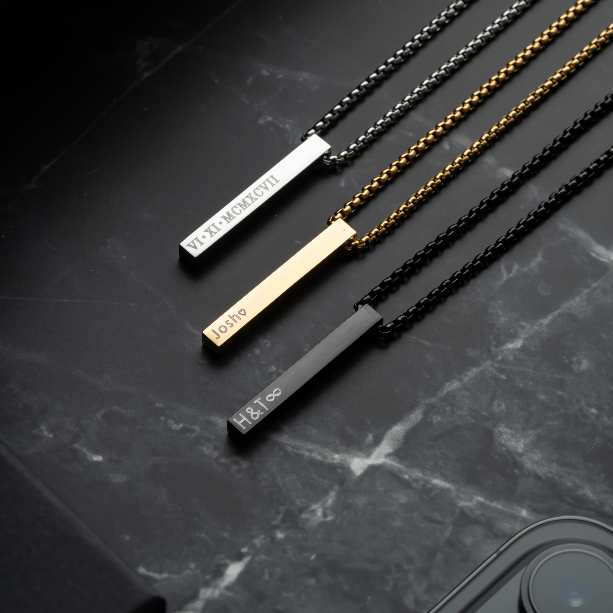 Stainless Steel, 18 K Gold Plated and Black Box Chain and engraving plate engraved
