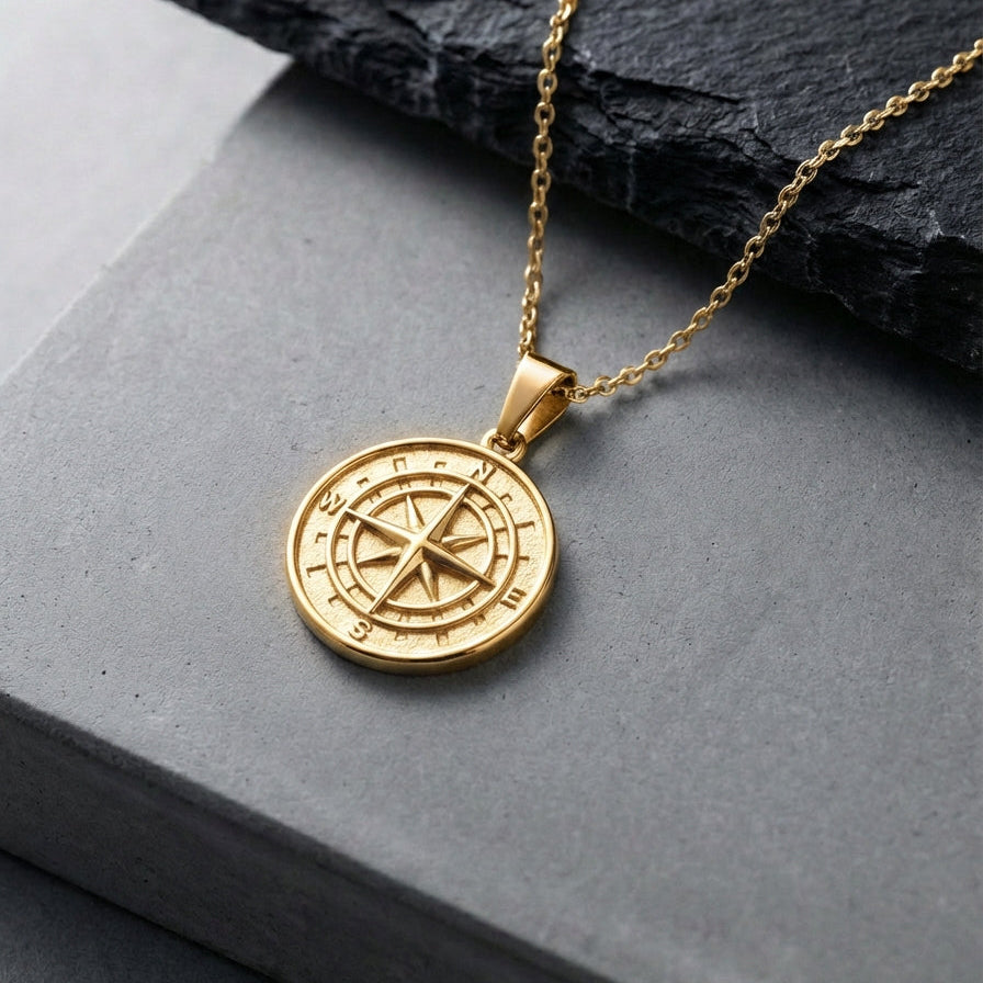 18K Gold Coated Compass Pendant and Chain for Men