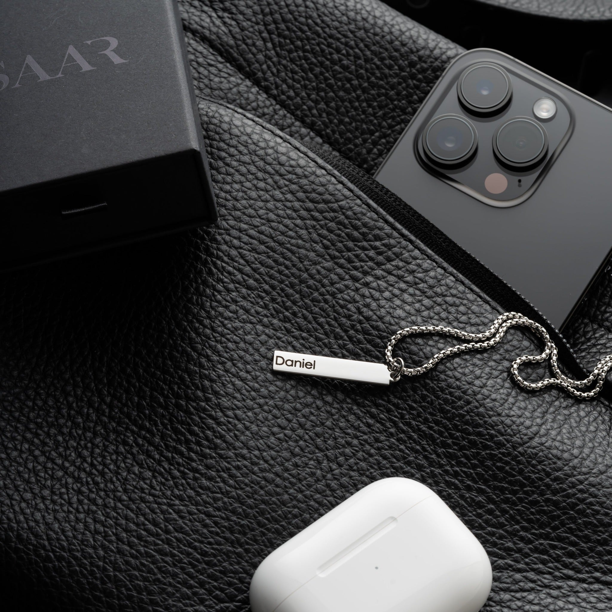Stainless Steel Flat Name Tag Style Pendant and Box Chain with engraving for Men