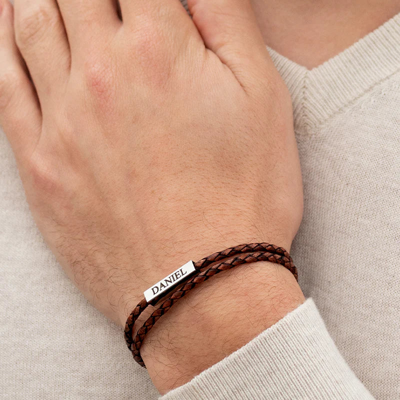 Tan double wrap woven leather bracelet features a signature SAAR lobster clasp with stainless steel engraving plate for personalisation
