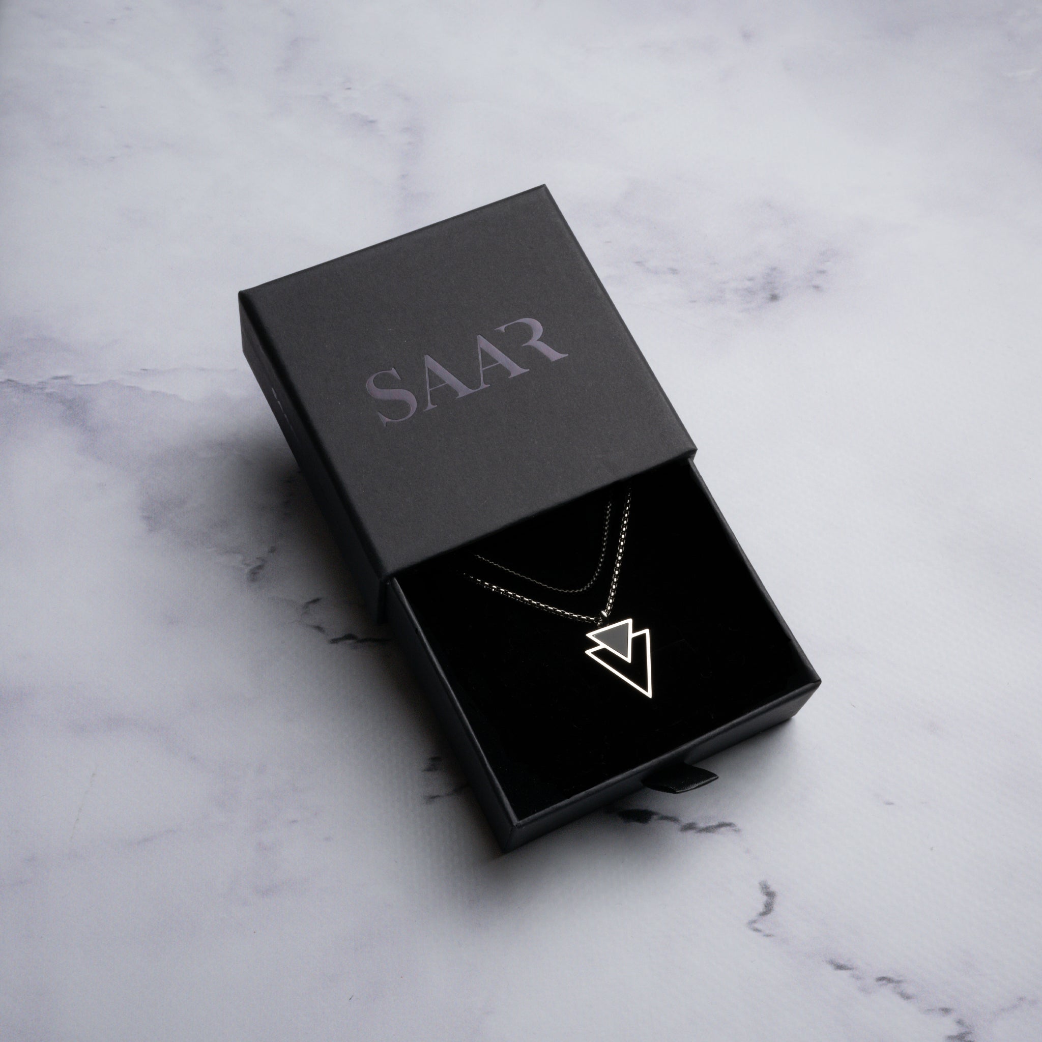 Downward double triangle pendant, encrusted with an onyx gemstone and Black Stainless Steel Box Chain Set