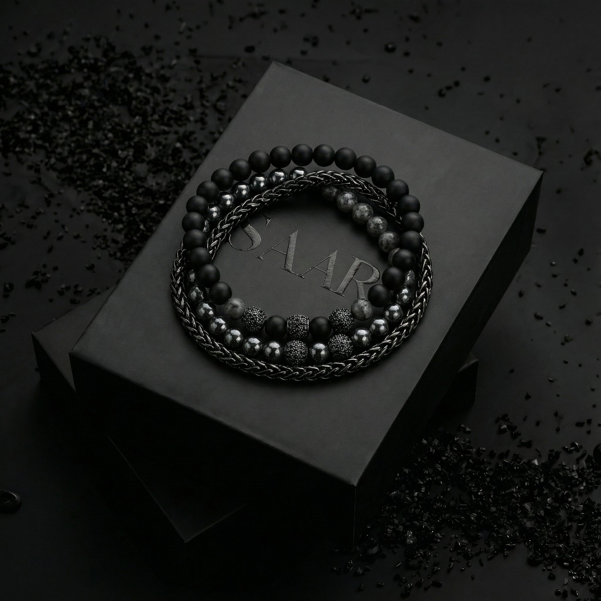 Jasper Gemstone, Hematite Gemstone, and double wrap black steel bracelet set.
