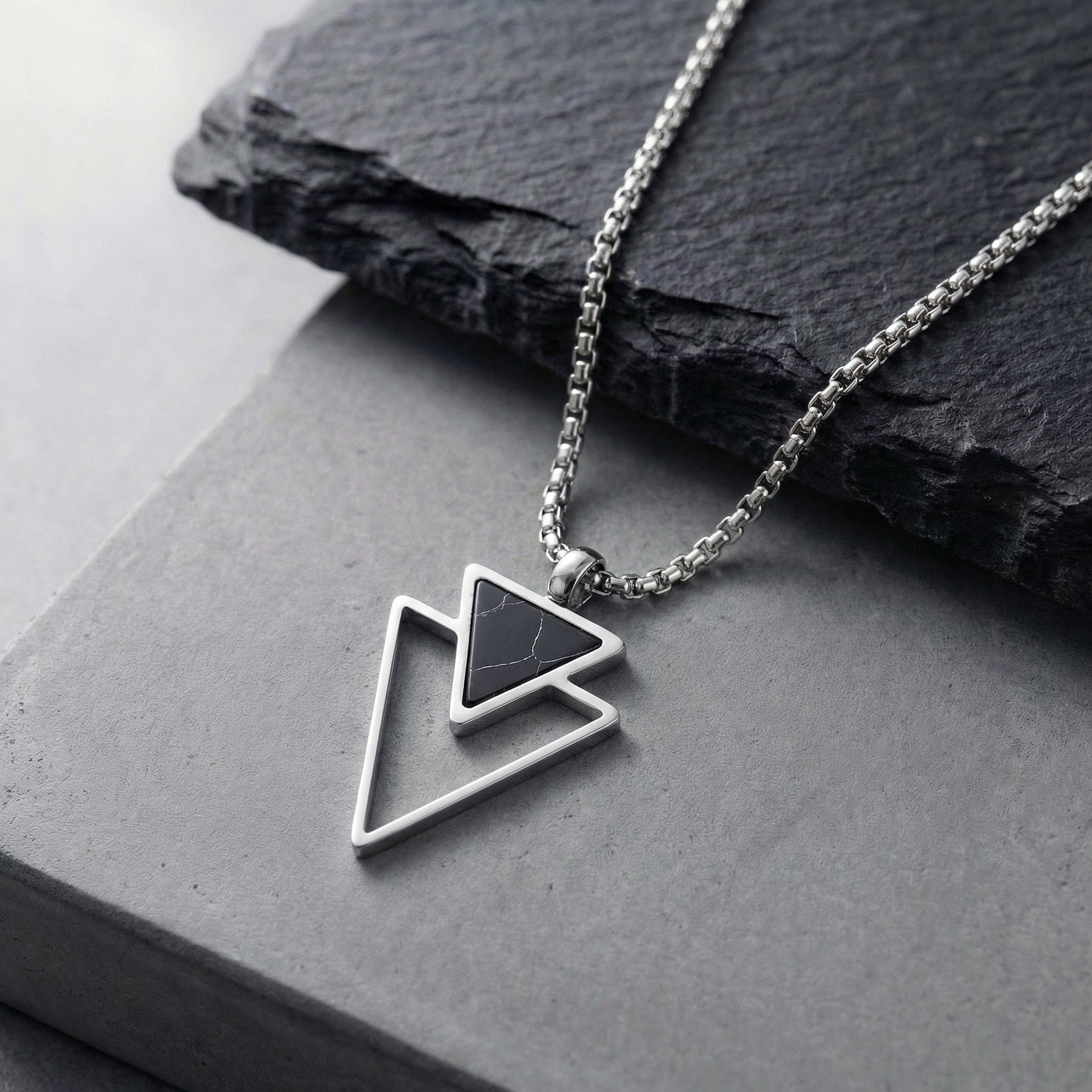 Pedro Stainless Steel Box Chain with Double triangle Onyx Pendant