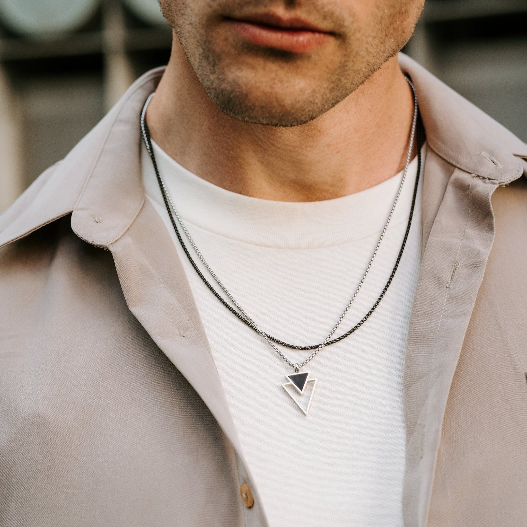 Downward double triangle pendant, encrusted with an onyx gemstone and Black Stainless Steel Box Chain Set