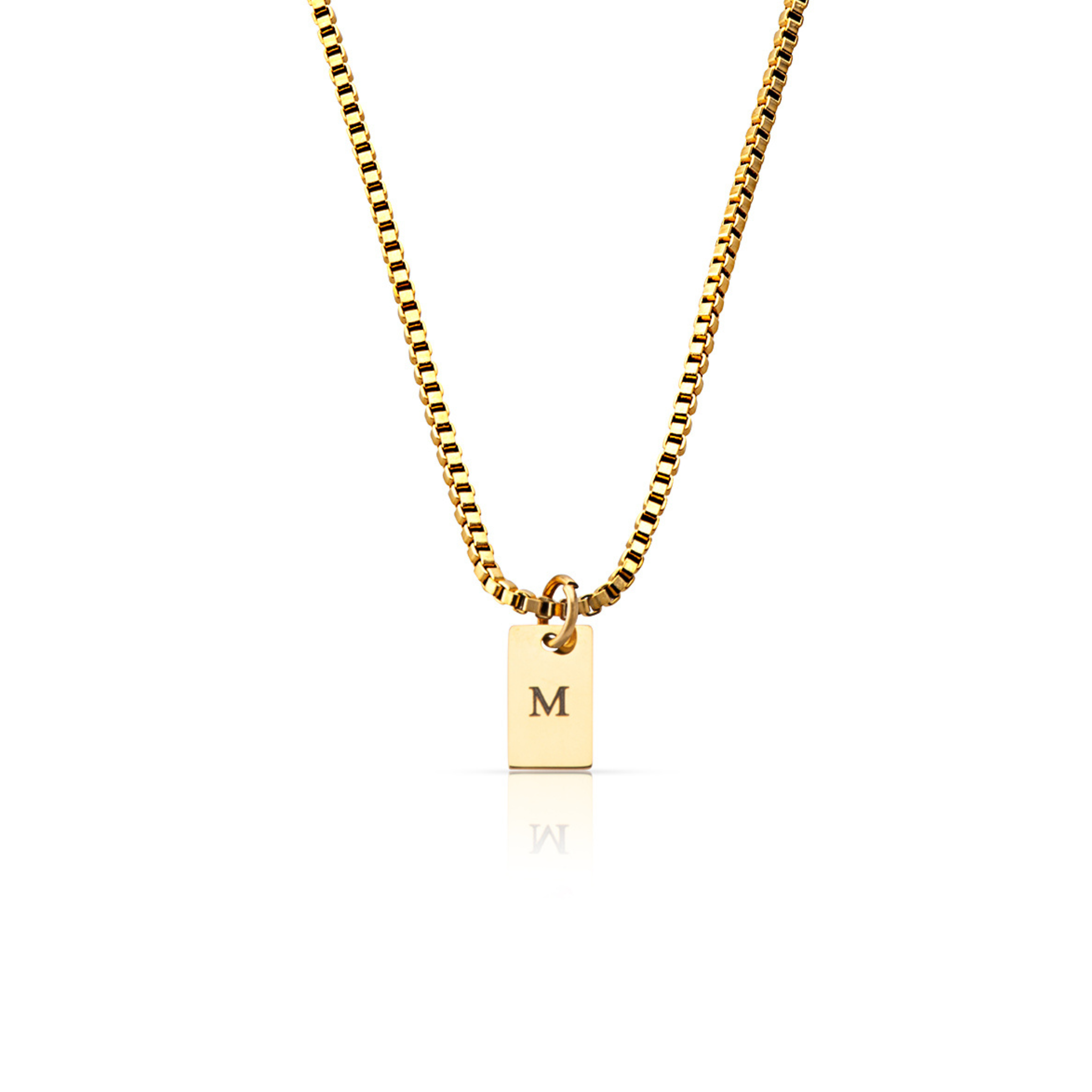 SAAR Co's Emily, an 18k Gold Coated, box chain with polished pendant. The pendant has been engraved with the letter M.