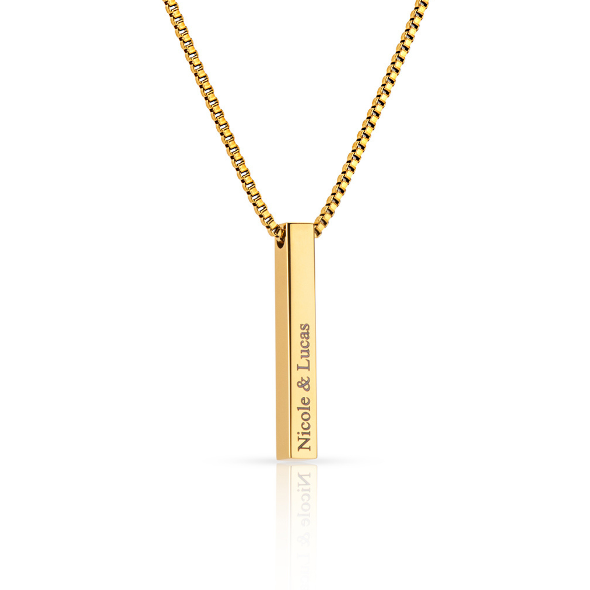 SAAR CO's LAUREN, an 18k gold-plated Stainless Steel box pendant chain. The pendant has been engraved with Nicole & Lucas.