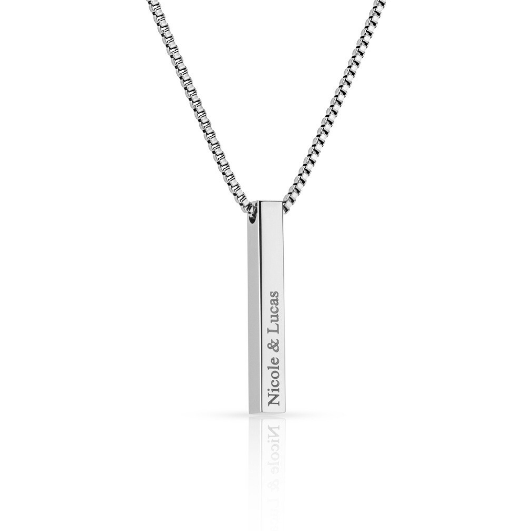 SAAR CO's LAUREN, a Stainless Steel box pendant chain. The pendant has been engraved with Nicole & Lucas.