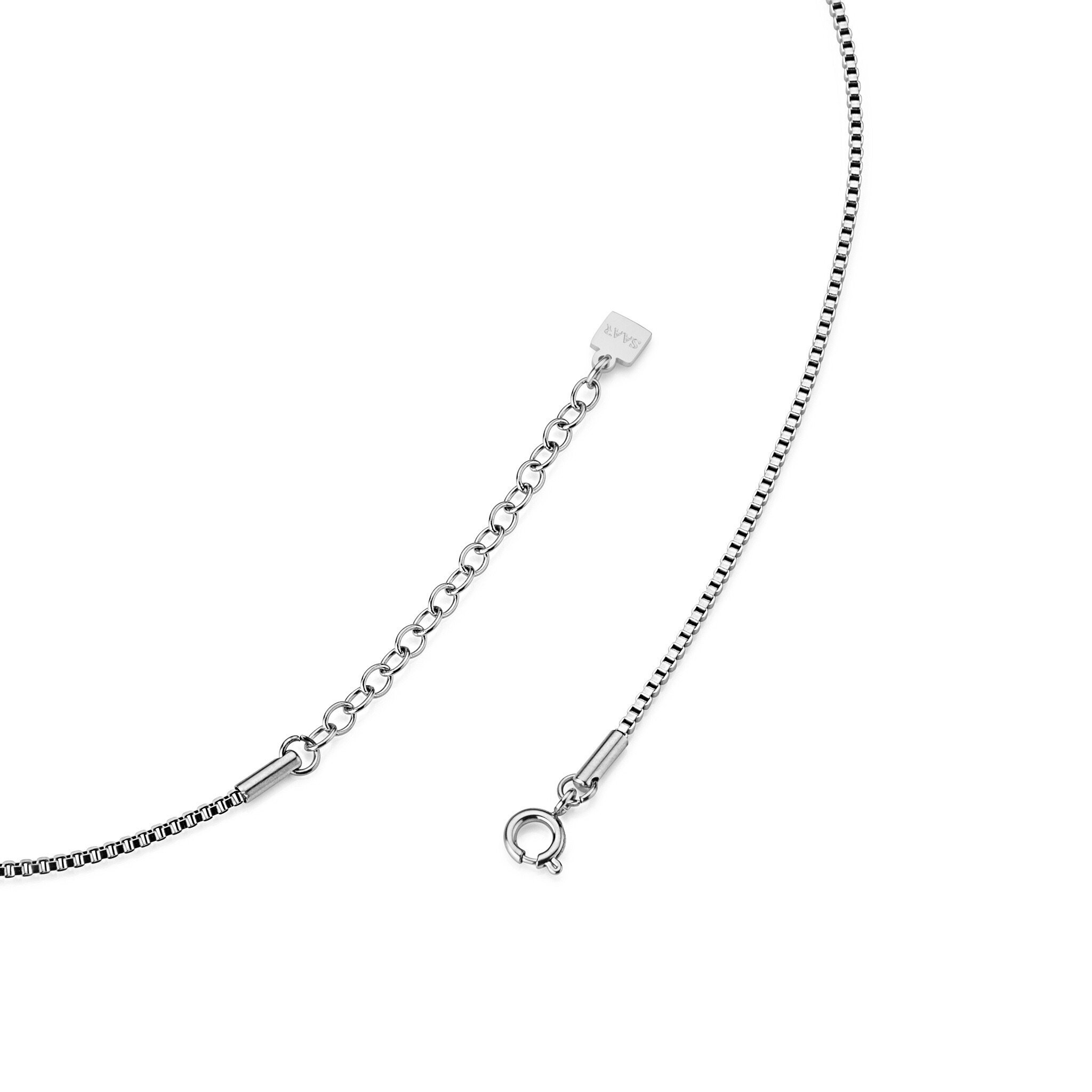 SAAR CO's LAUREN, a Stainless Steel box pendant chain. The extension chain and SAAR CO's branded tag.