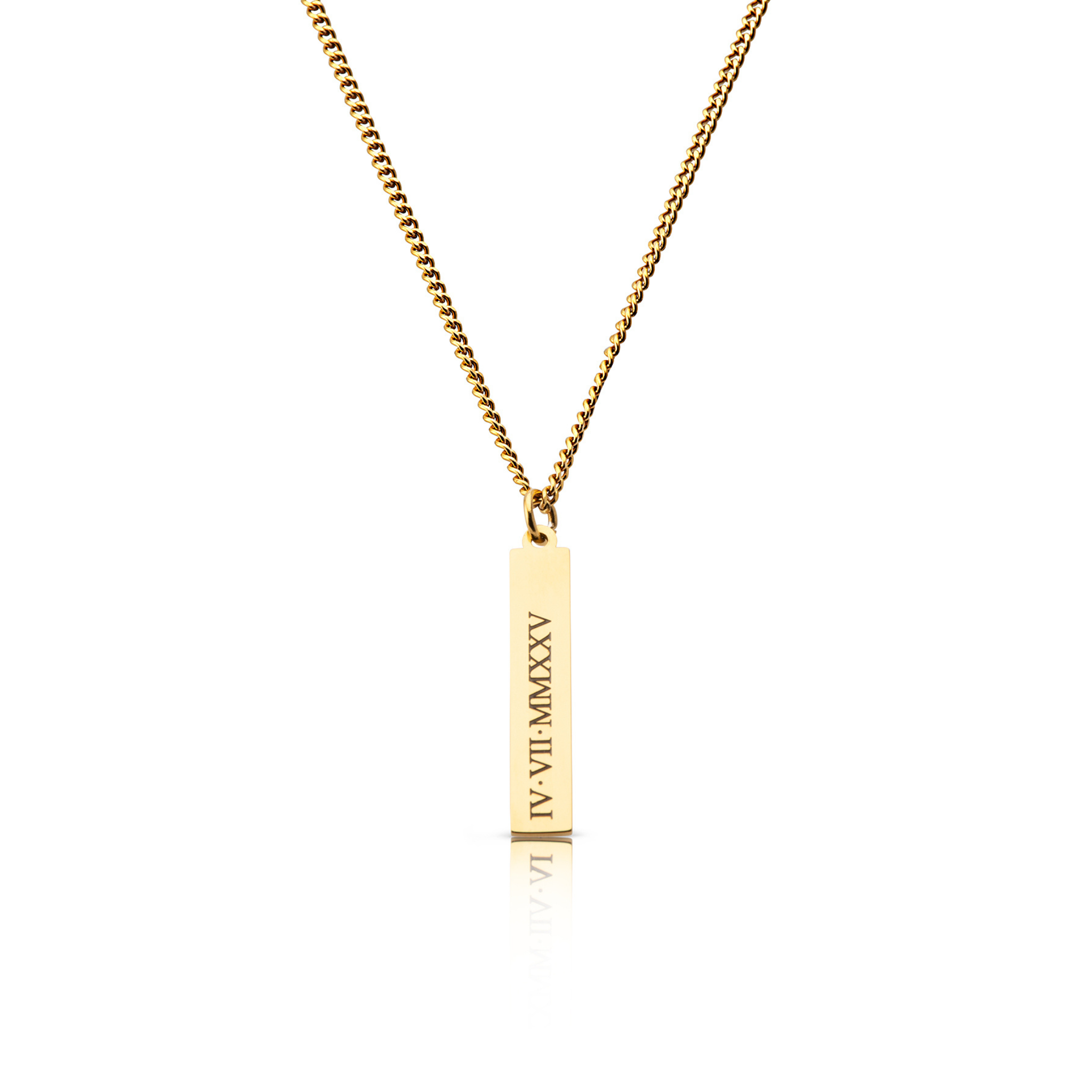 SAAR CO's MEGAN, a polished, 18K Gold pendant tag and chain. The tag has been engraved with IV.VII.MMXXV.
