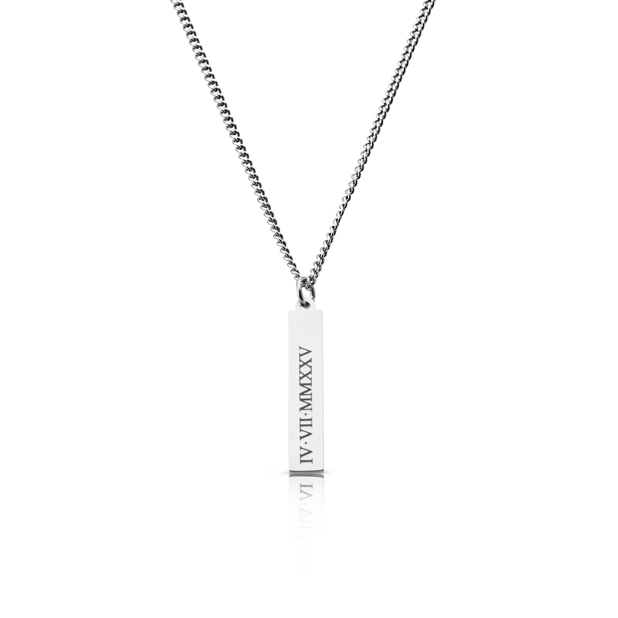 SAAR CO's MEGAN, a polished, stainless steel pendant tag and chain. The tag has been engraved with IV.VII.MMXXV.