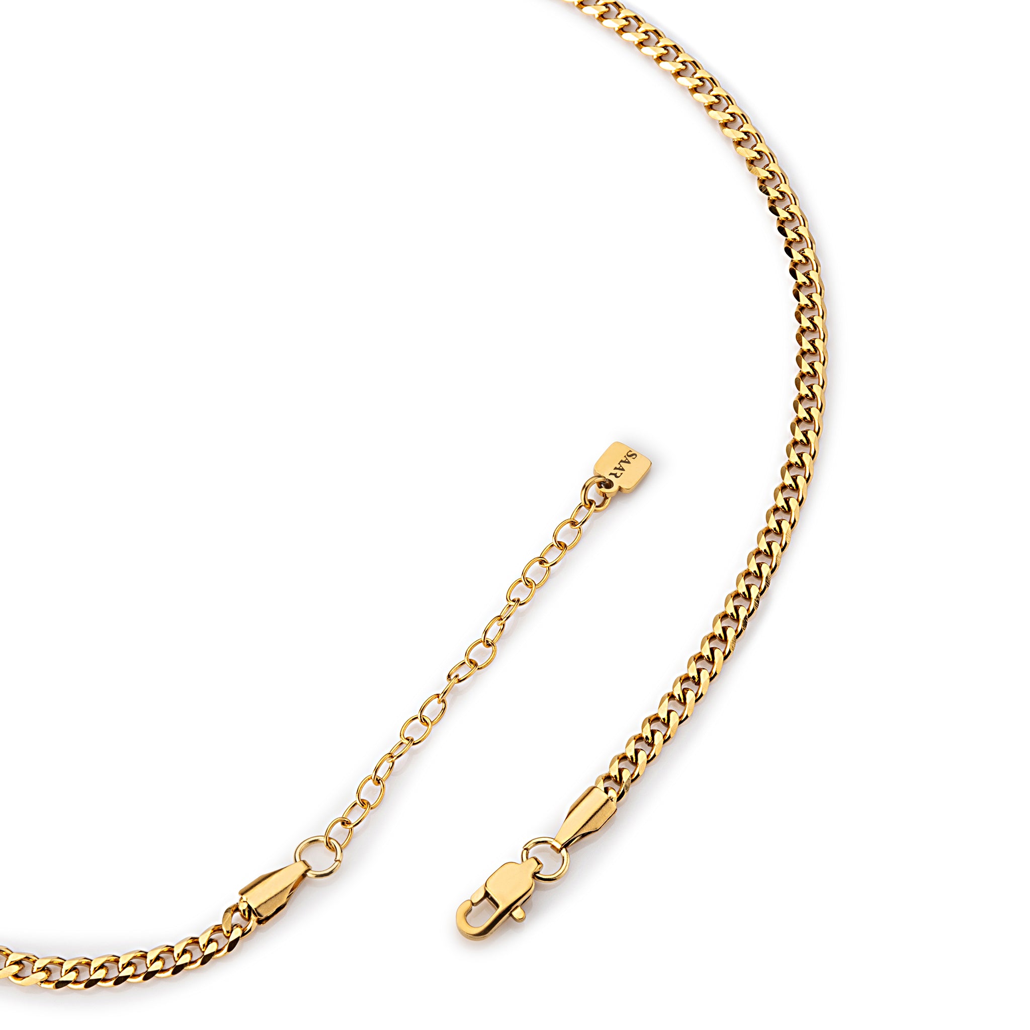 SAAR CO's Siobhan, an 18k Gold coated, 3mm Cuban link chain, and extension chain with SAAR CO Logo tag.
