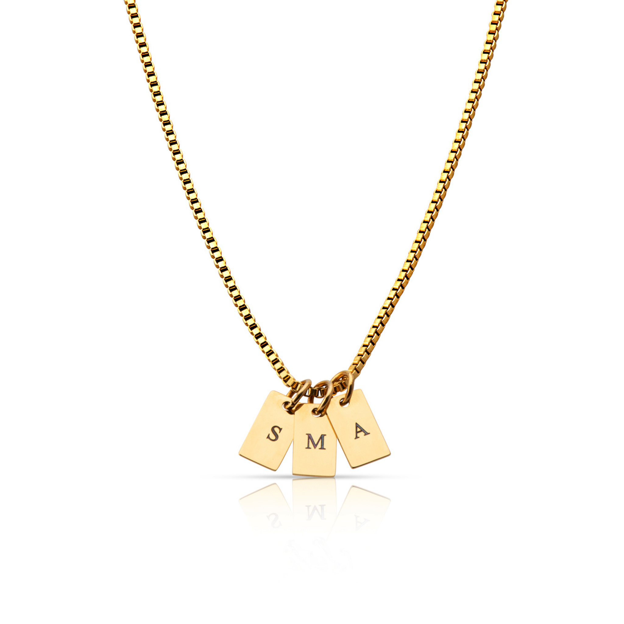 SAAR CO's Elle 18k Gold plaited Stainless Steel pendant chain. The pendant chain includes three pendant tags, which have been engraved with one letter on each tag, the letters are S, M, and A.