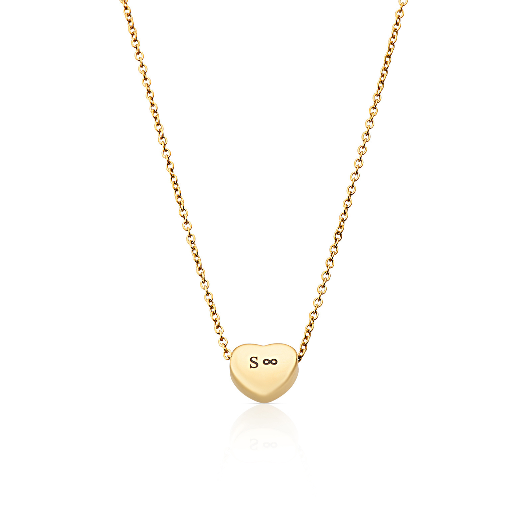 SAAR CO's 18k Gold coated heart pendant, the pendant is engraved with the letter S and the Infinity symbol.