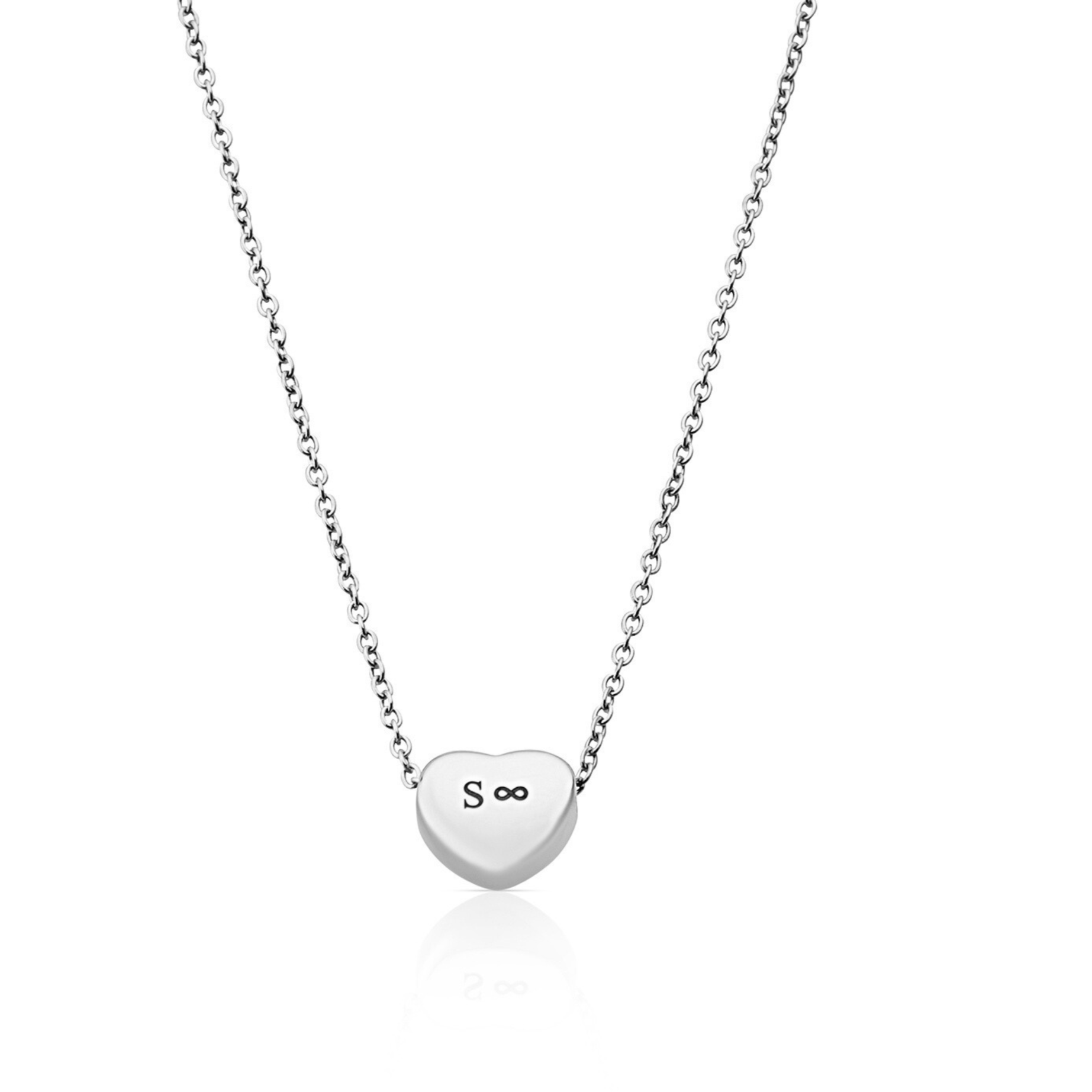 SAAR CO's stainless steel heart pendant. The heart pendant is engraved with the letter S and the Infinity symbol.