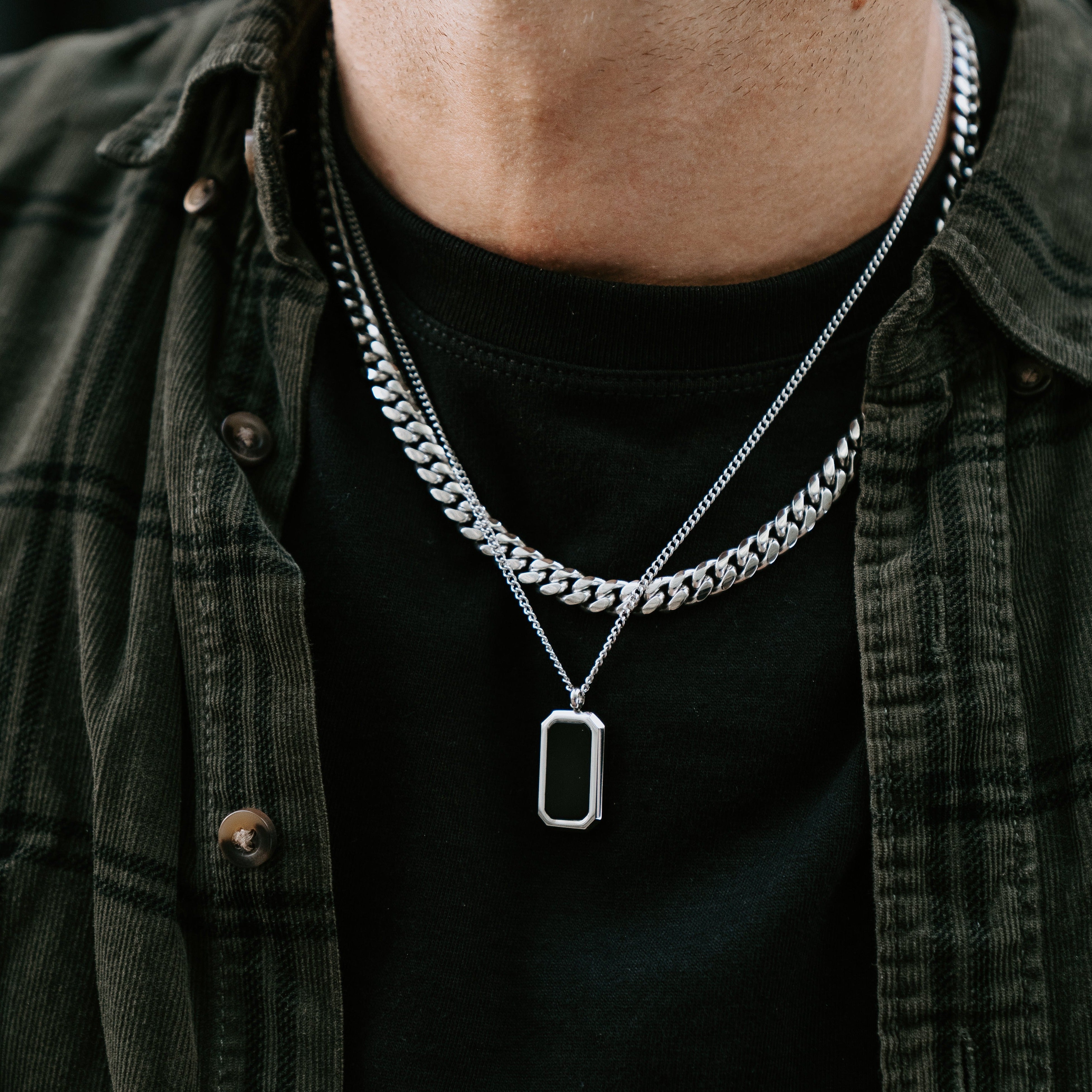 Stainless Steel and Natural Agate Crystal Pendant with Stainless Steel Necklace Chain. Stainless Steel Cuban Link Chain.