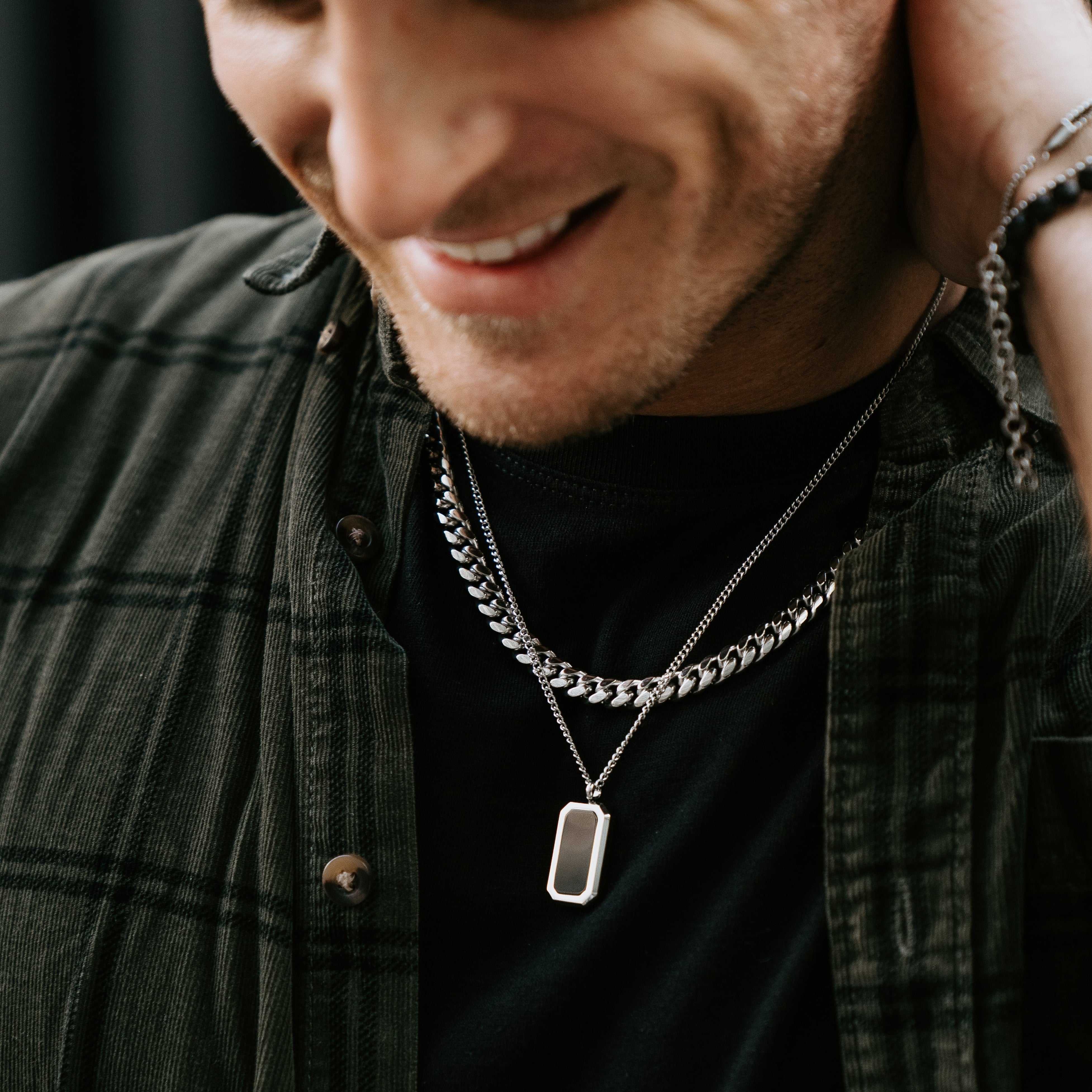 Stainless Steel and Natural Agate Crystal Pendant with Stainless Steel Necklace Chain. Stainless Steel Cuban Link Chain.