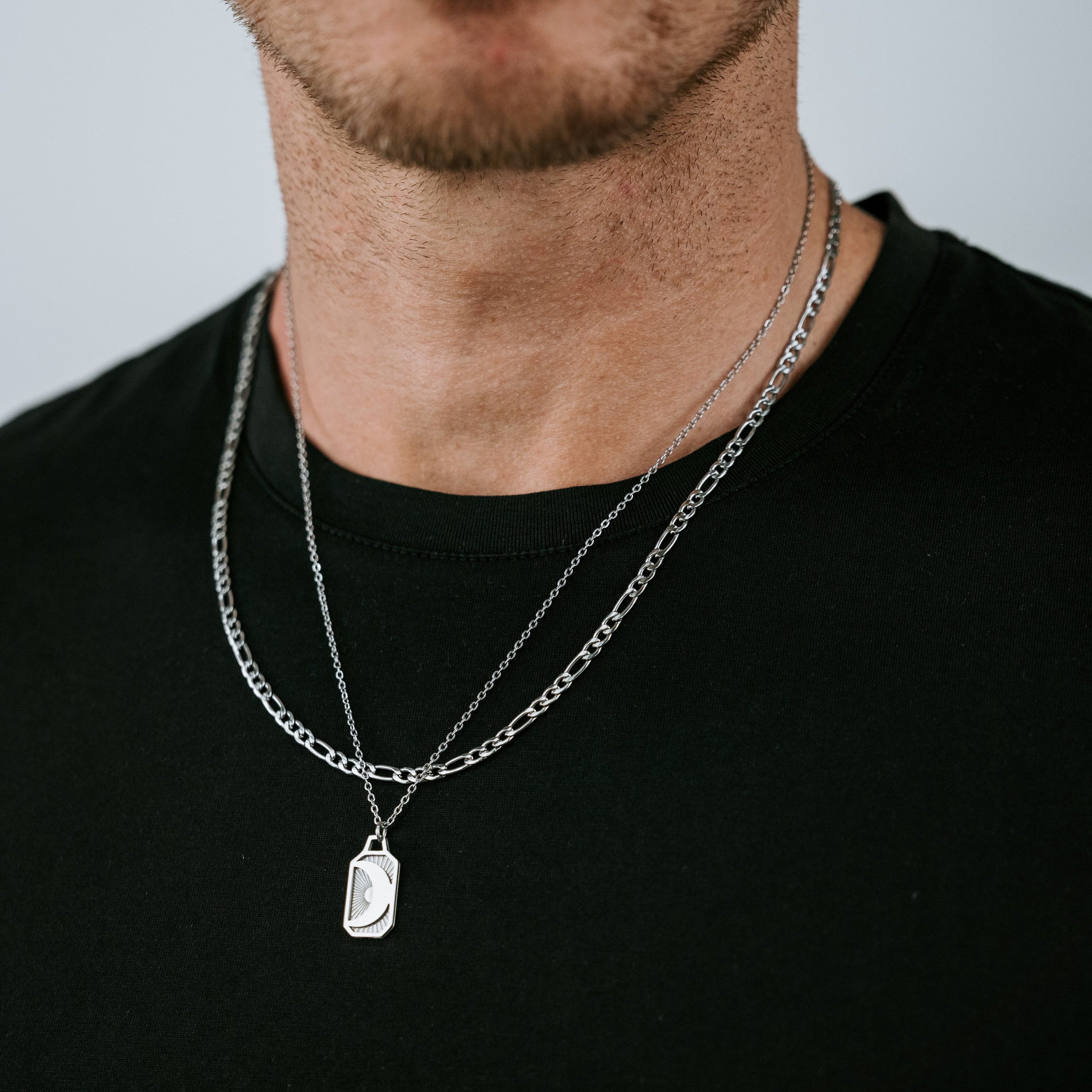 Stainless Stee Plated 5mm Figaro chain and Moon pendant necklace
