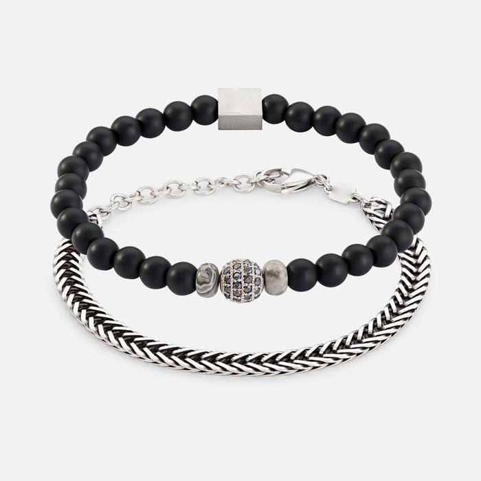 1 Stainless steel foxtail bracelet with a lobster clasp and 1 gemstones elastic bracelet