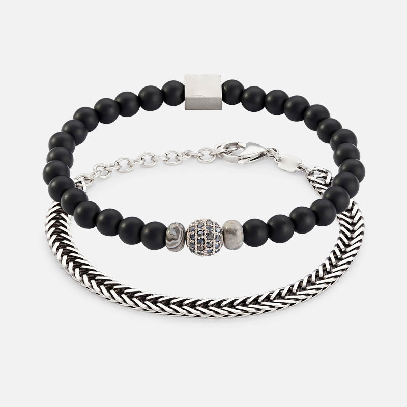 1 Stainless steel foxtail bracelet with a lobster clasp and 1 gemstones elastic bracelet