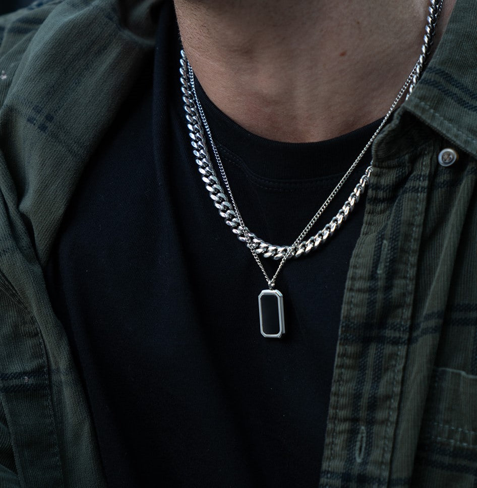 Stainless Steel and Natural Agate Crystal Pendant with Stainless Steel Necklace Chain. Stainless Steel Cuban Link Chain.