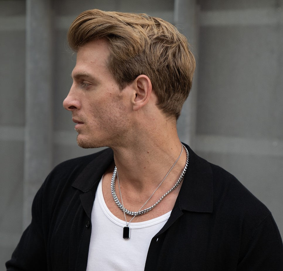 Stainless Steel and Natural Agate Crystal Pendant with Stainless Steel Necklace Chain. Stainless Steel Cuban Link Chain.