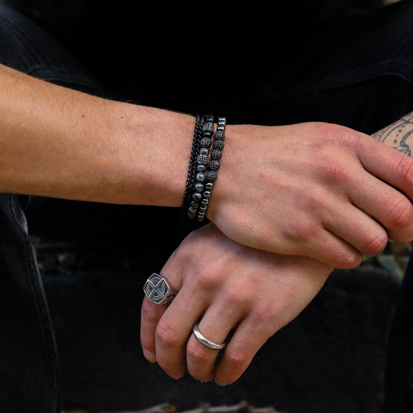 Jasper Gemstone, Hematite Gemstone, and double wrap black steel bracelet set.