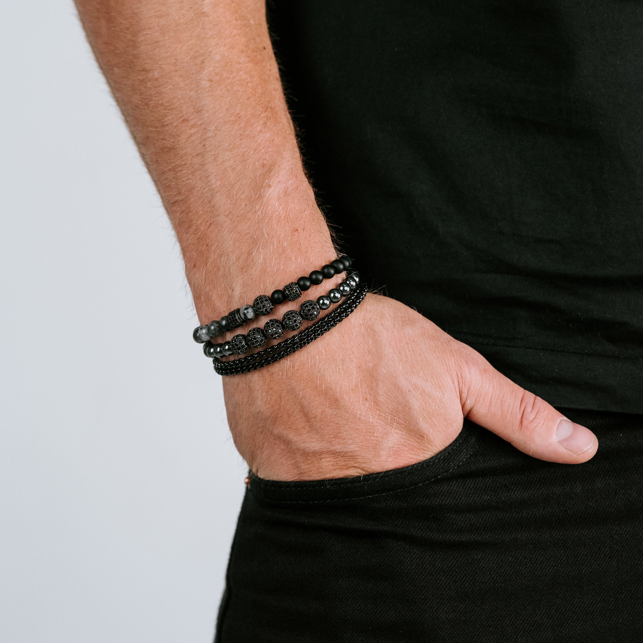 Jasper Gemstone, Hematite Gemstone, and double wrap black steel bracelet set.