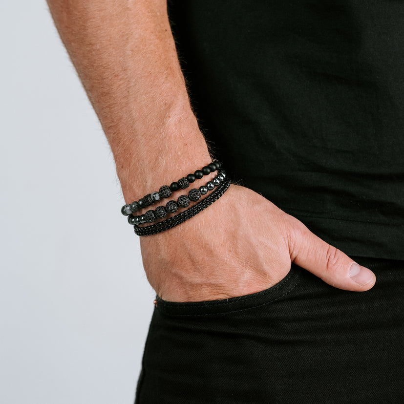 Jasper Gemstone, Hematite Gemstone, and double wrap black steel bracelet set.