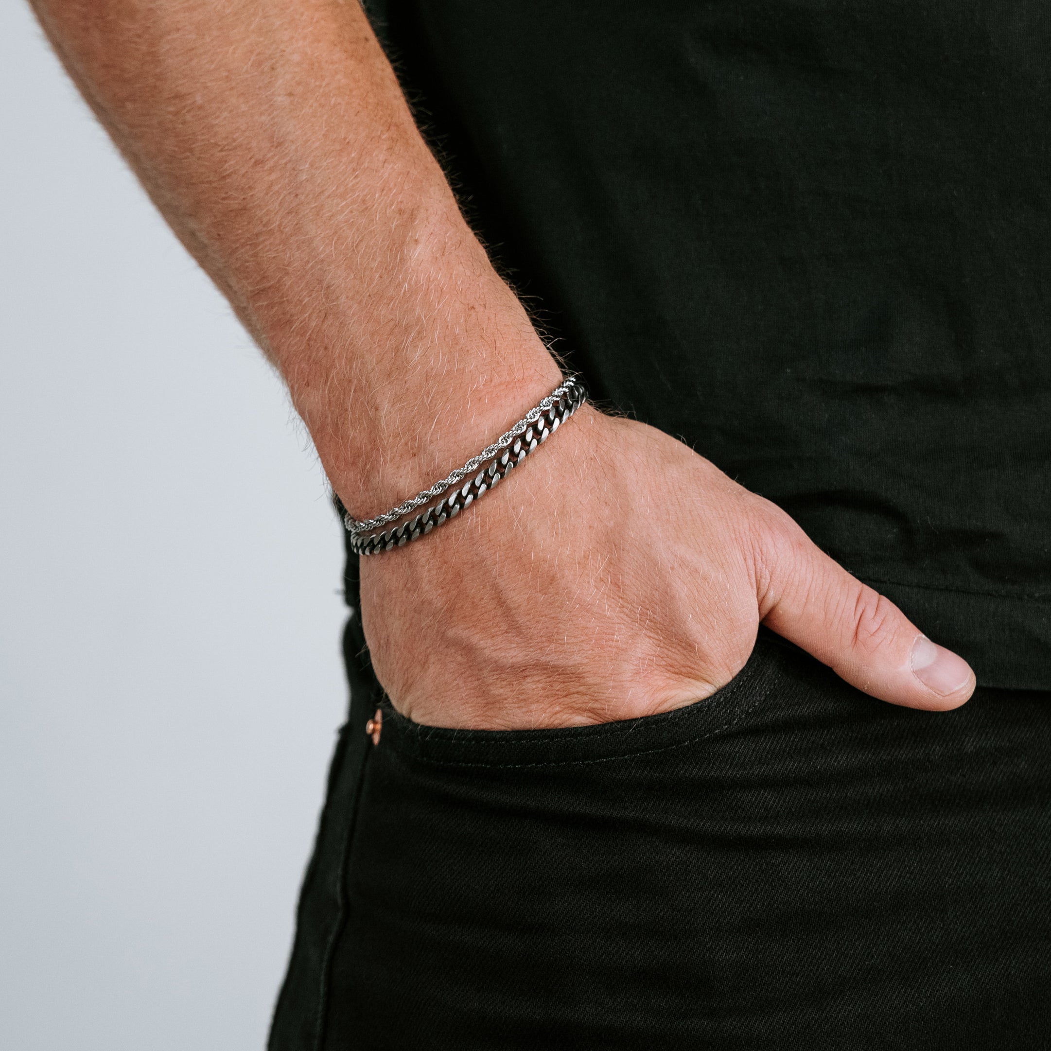 Stainless Steel Diamond cut rope chain bracelet and 5mm Cuban chain bracelet.