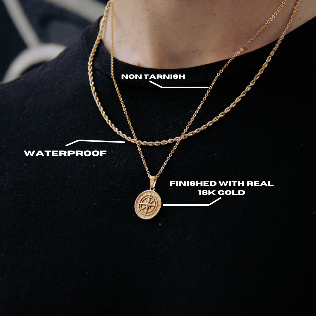 18 K Gold Plated Compass Pendant chain and Rope Chain Set