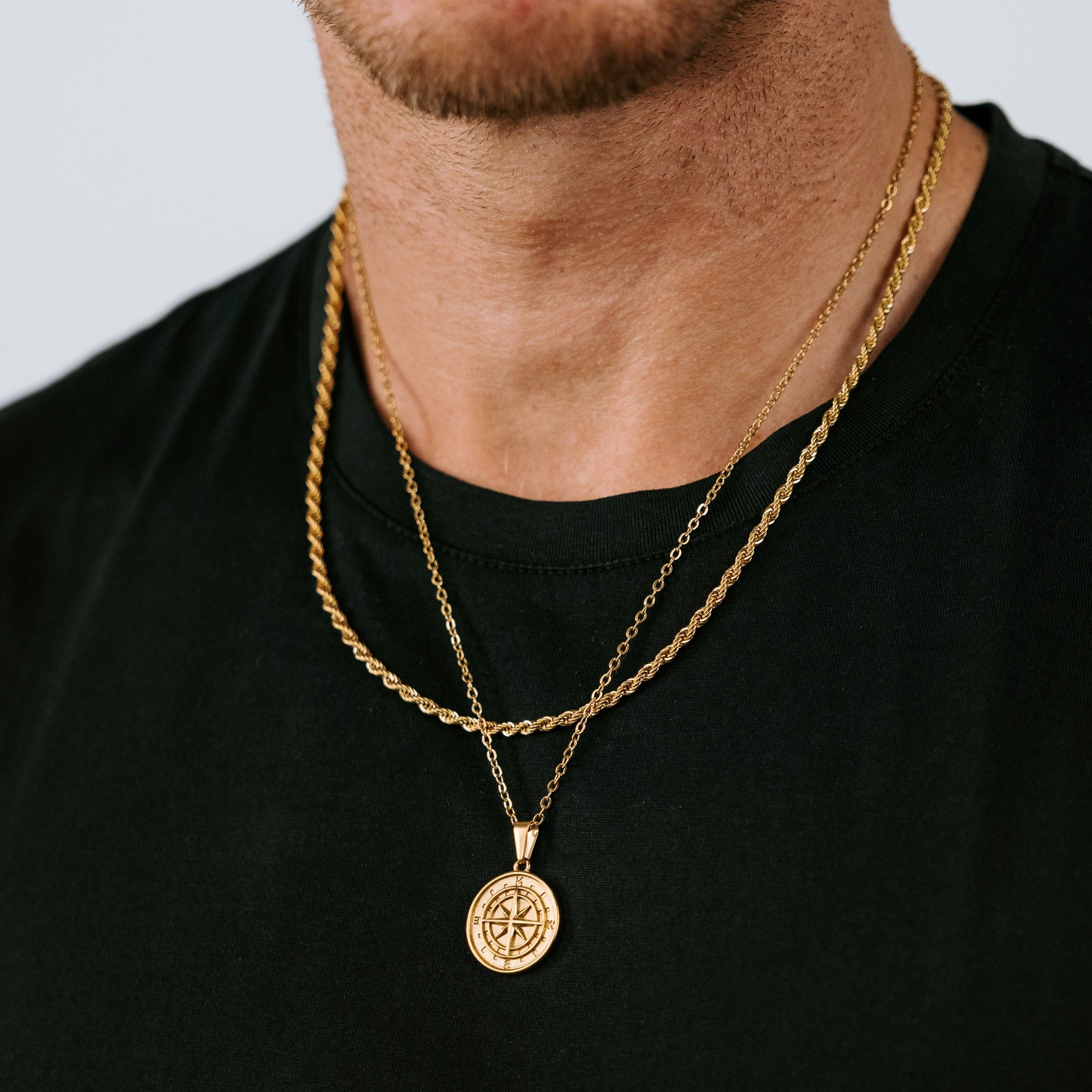 18 K Gold Plated Compass Pendant chain and Rope Chain Set