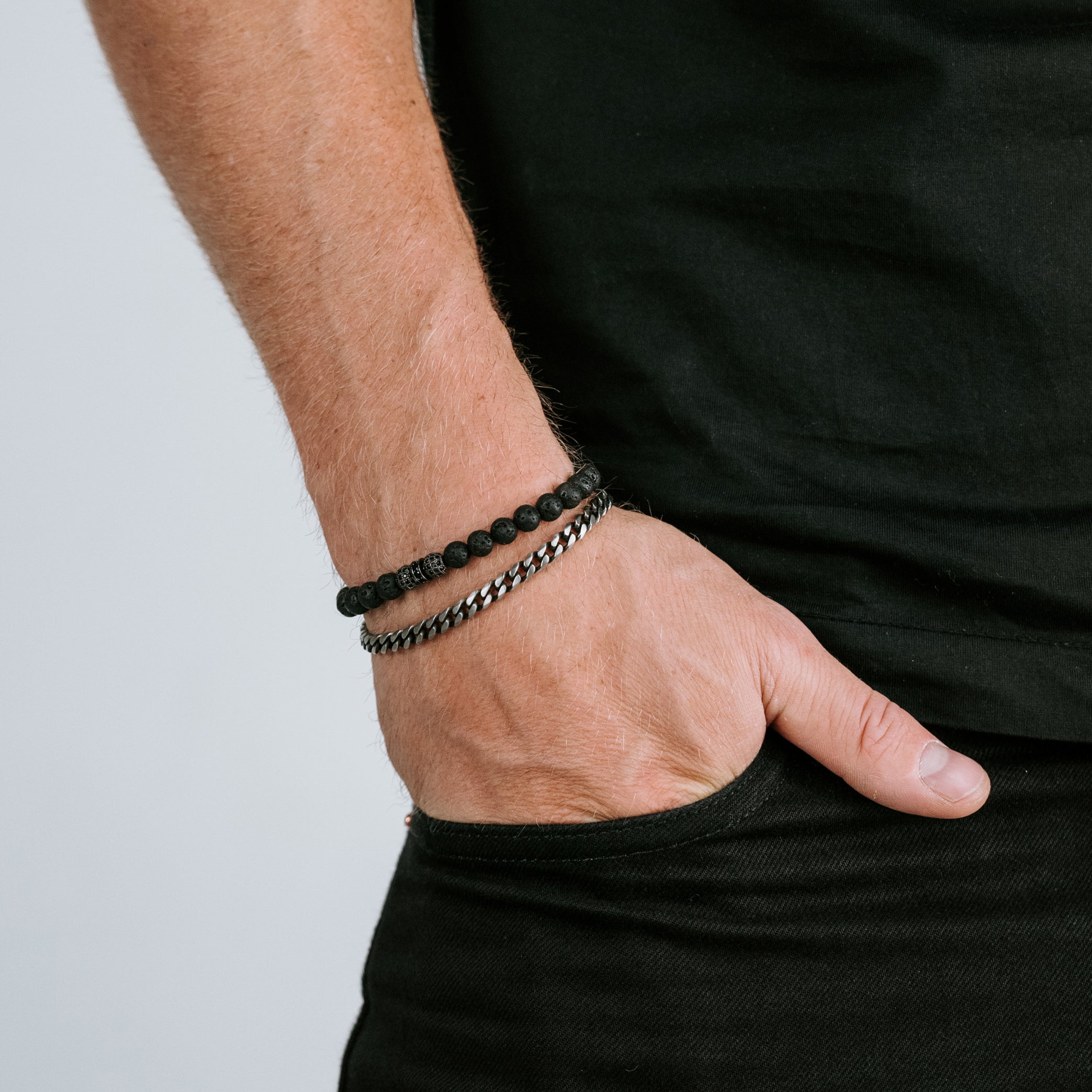 Matt Finish Stainless Steel Cuban Bracelet and 6mm Black Onyx Gemstone Elastic Bracelet Set