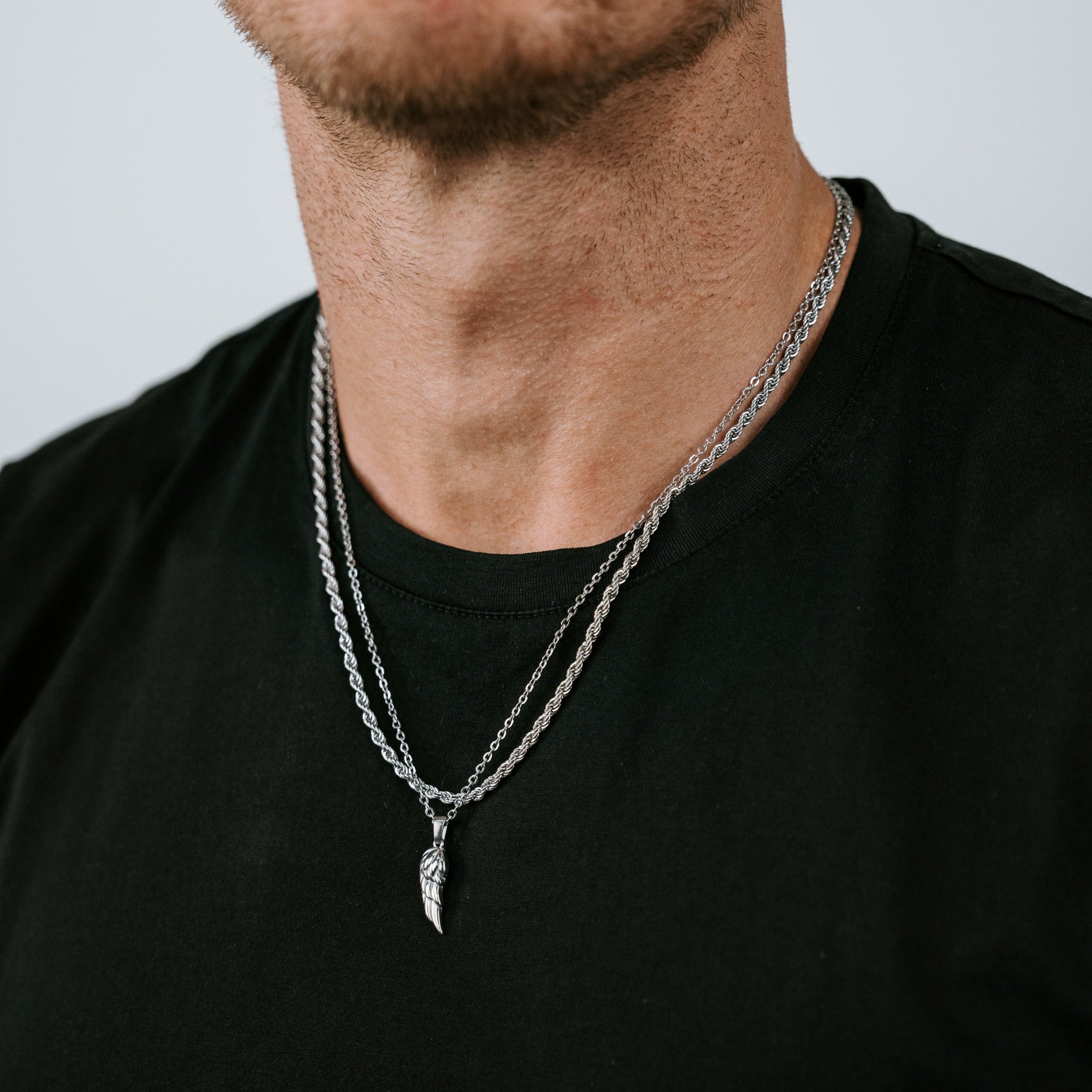 Stainless steel Angel Wing Pendant Necklace and Stainless Steel Diamond Cut Rope chain