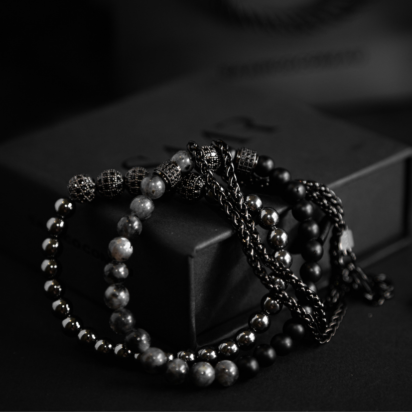 Jasper Gemstone, Hematite Gemstone, and double wrap black steel bracelet set.