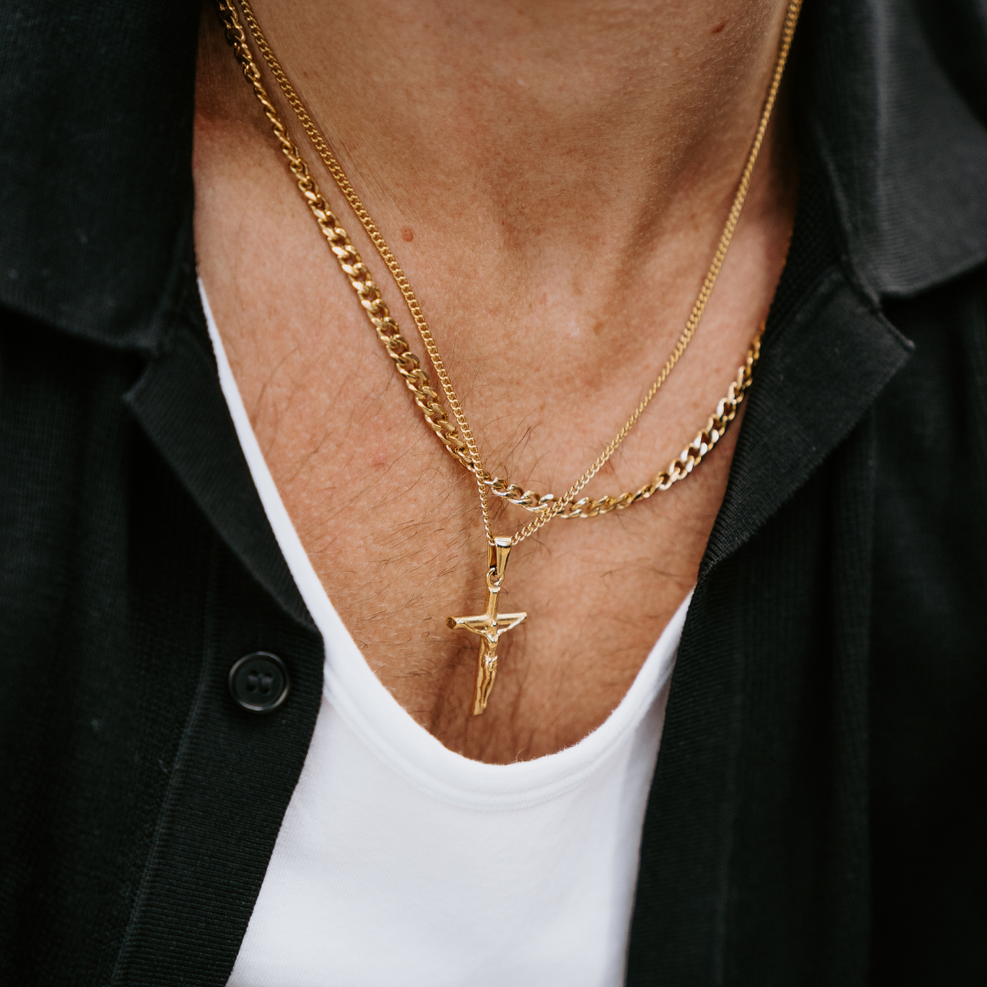 18k Gold Plated Crucifix Pendant and Cuban link chain