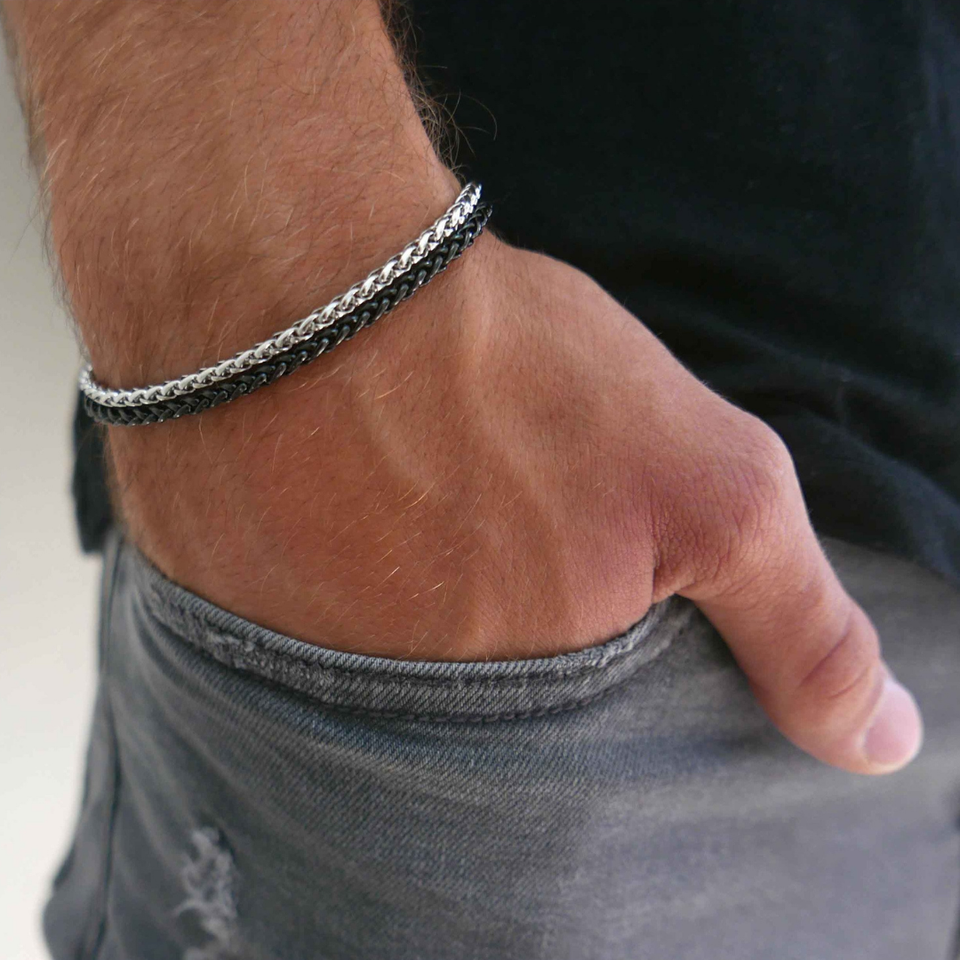 jay silver and black wheat bracelet for men
