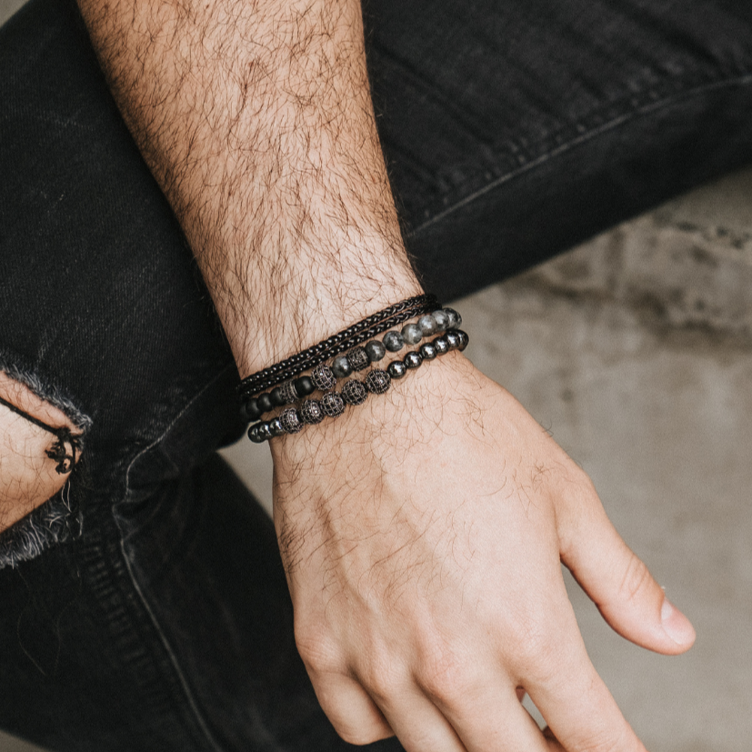 Jasper Gemstone, Hematite Gemstone, and double wrap black steel bracelet set.