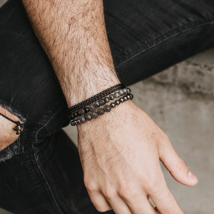 Jasper Gemstone, Hematite Gemstone, and double wrap black steel bracelet set. 