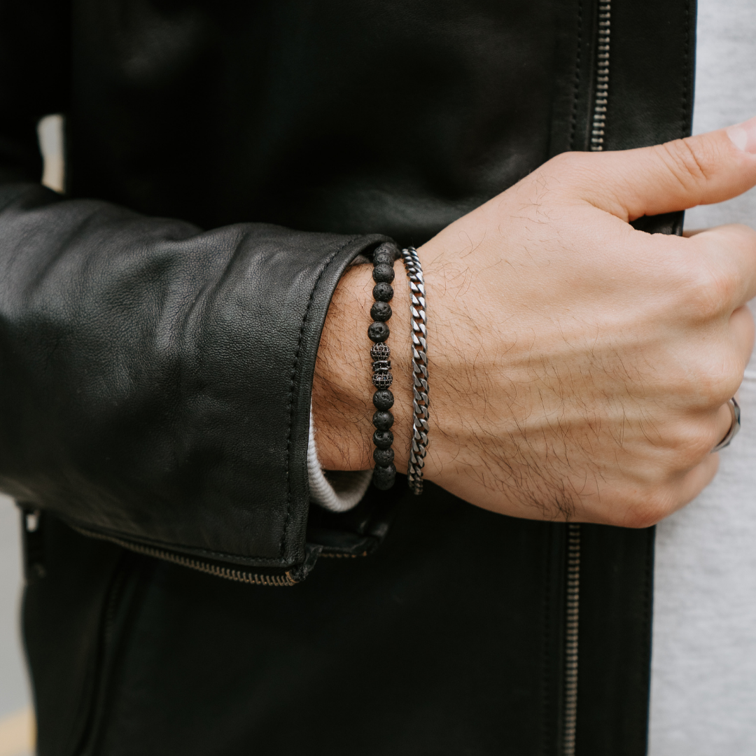 Matt Finish Stainless Steel Cuban Bracelet and 6mm Black Onyx Gemstone Elastic Bracelet Set