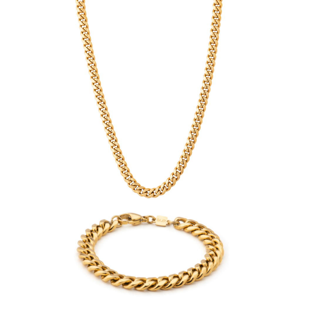 18K Gold Plated Men's Cuban link Bracelet and Chain set