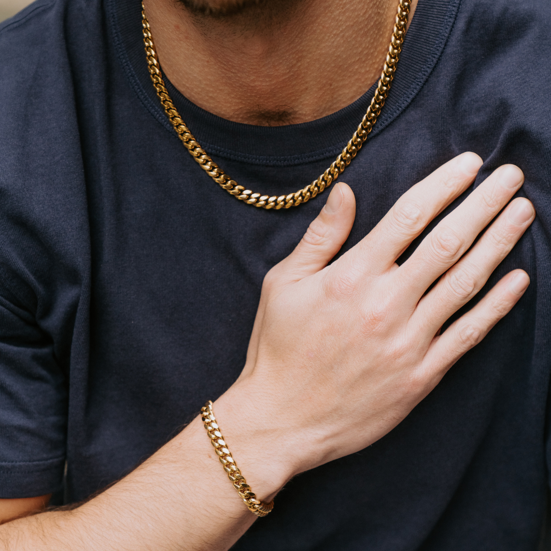 18K Gold Plated Men's Cuban link Bracelet and Chain set