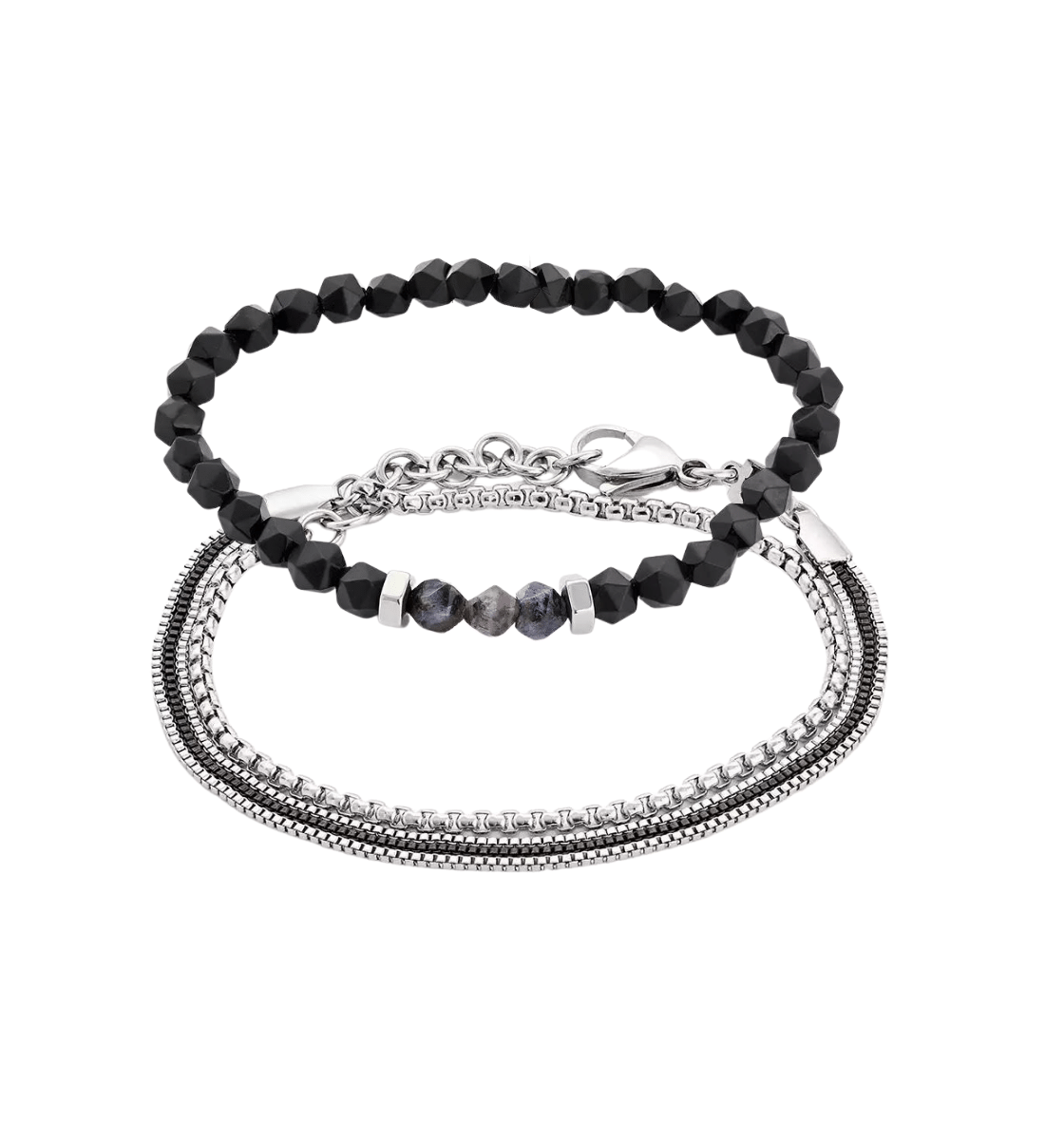 1 Stainless steel layered bracelet with a lobster clasp and 1 6mm diamond cut black Onyx gemstones elastic bracelet