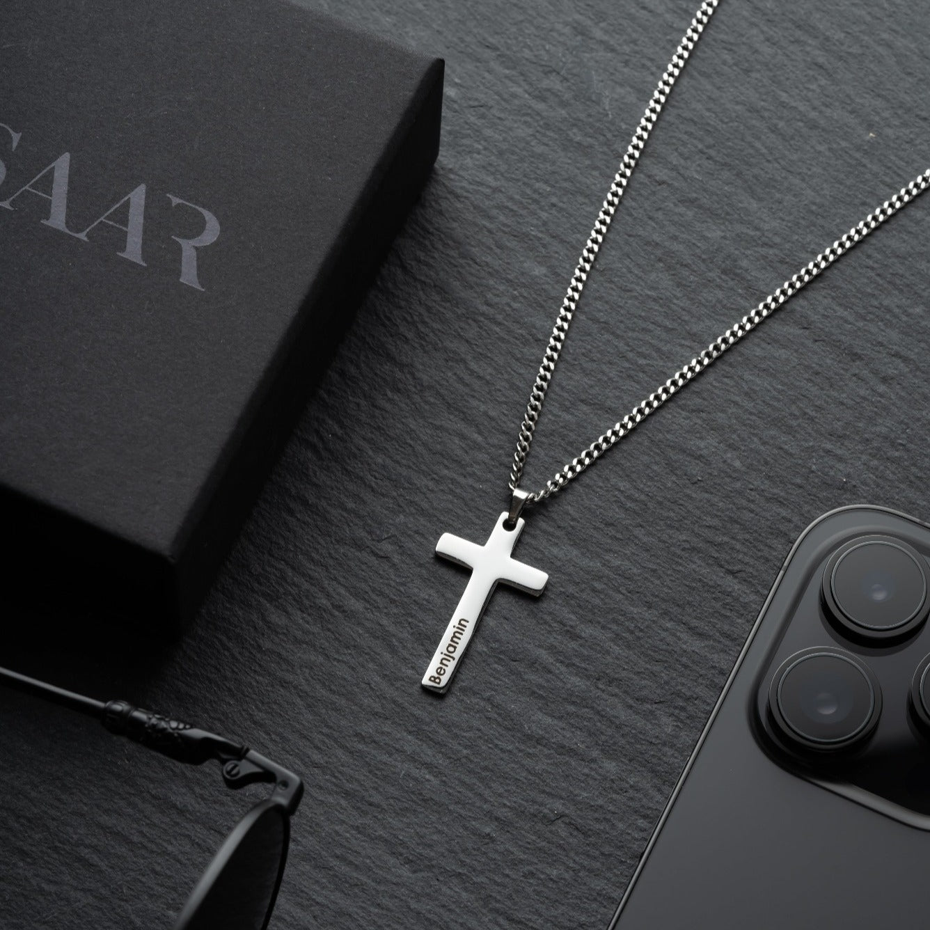 Stainless Steel Flat Cross Pendant and Cuban Chain for Men