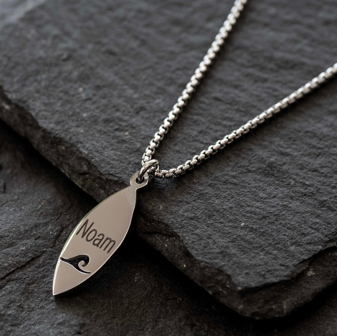 Stainless Steel Surfboard Pendant with Wave engraved