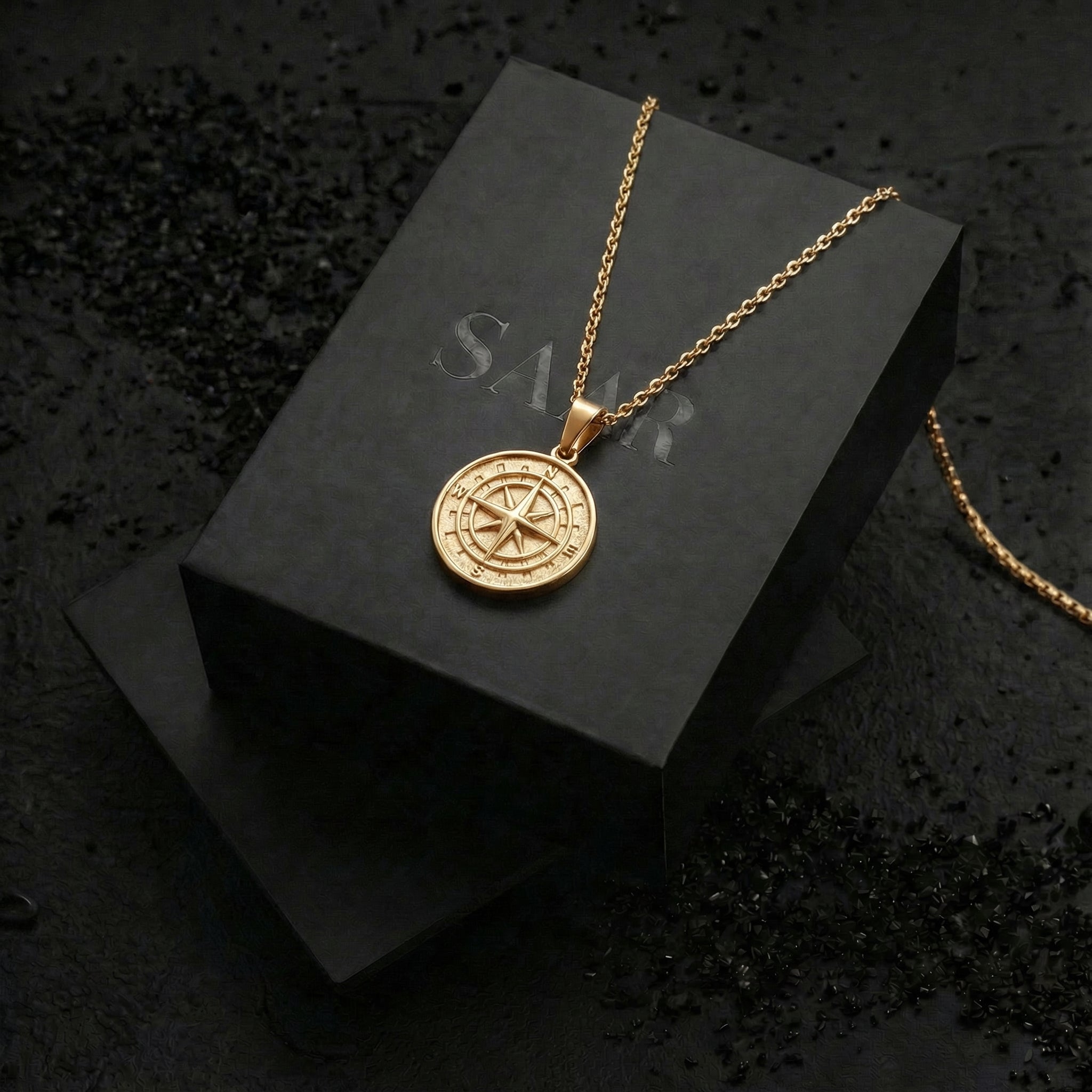 18K Gold Coated Compass Pendant and Chain for Men