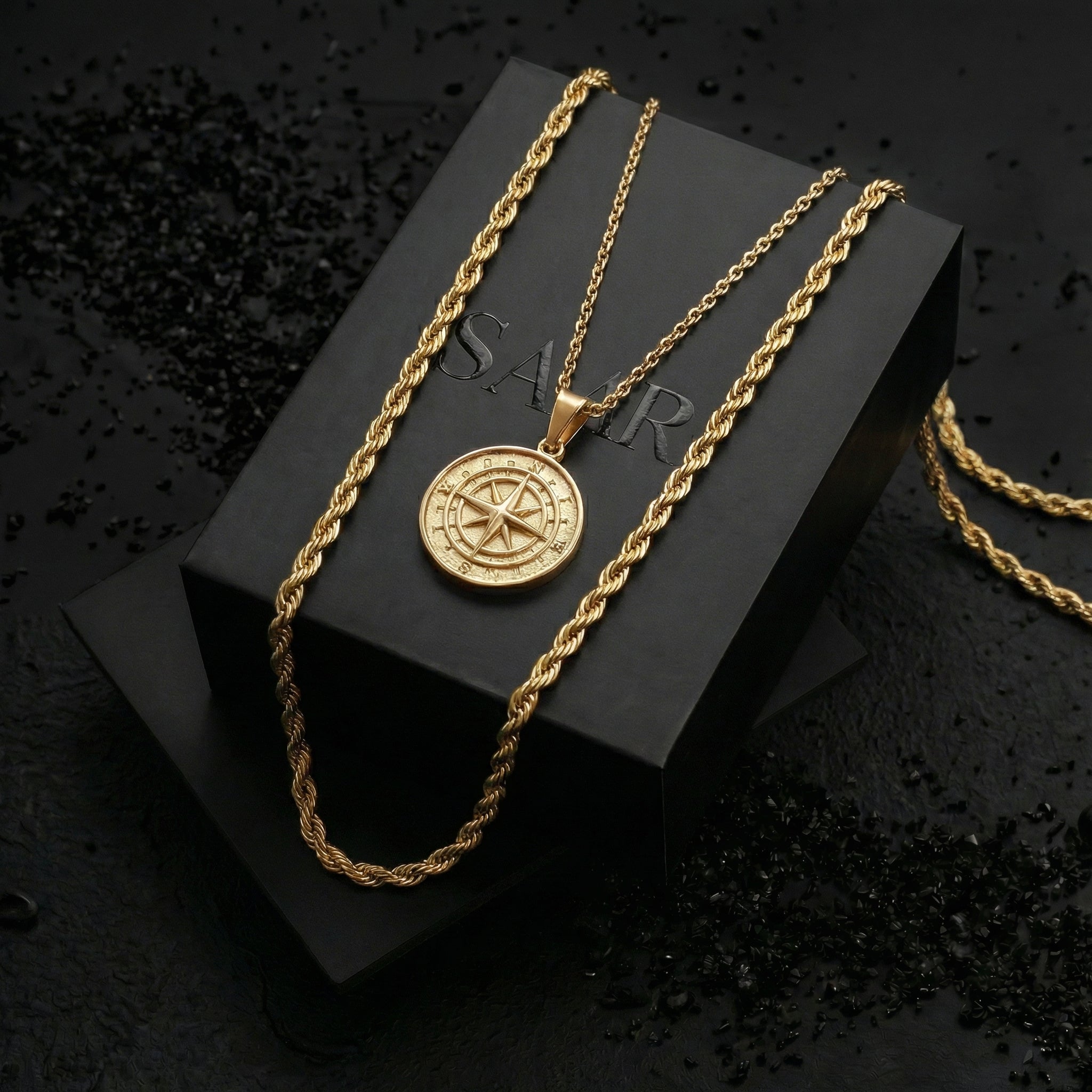 18k Gold Compass Pendant Necklace & Rope chain necklace