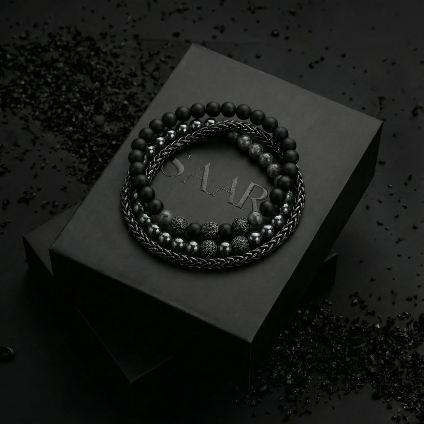 Jasper Gemstone, Hematite Gemstone, and double wrap black steel bracelet set. 