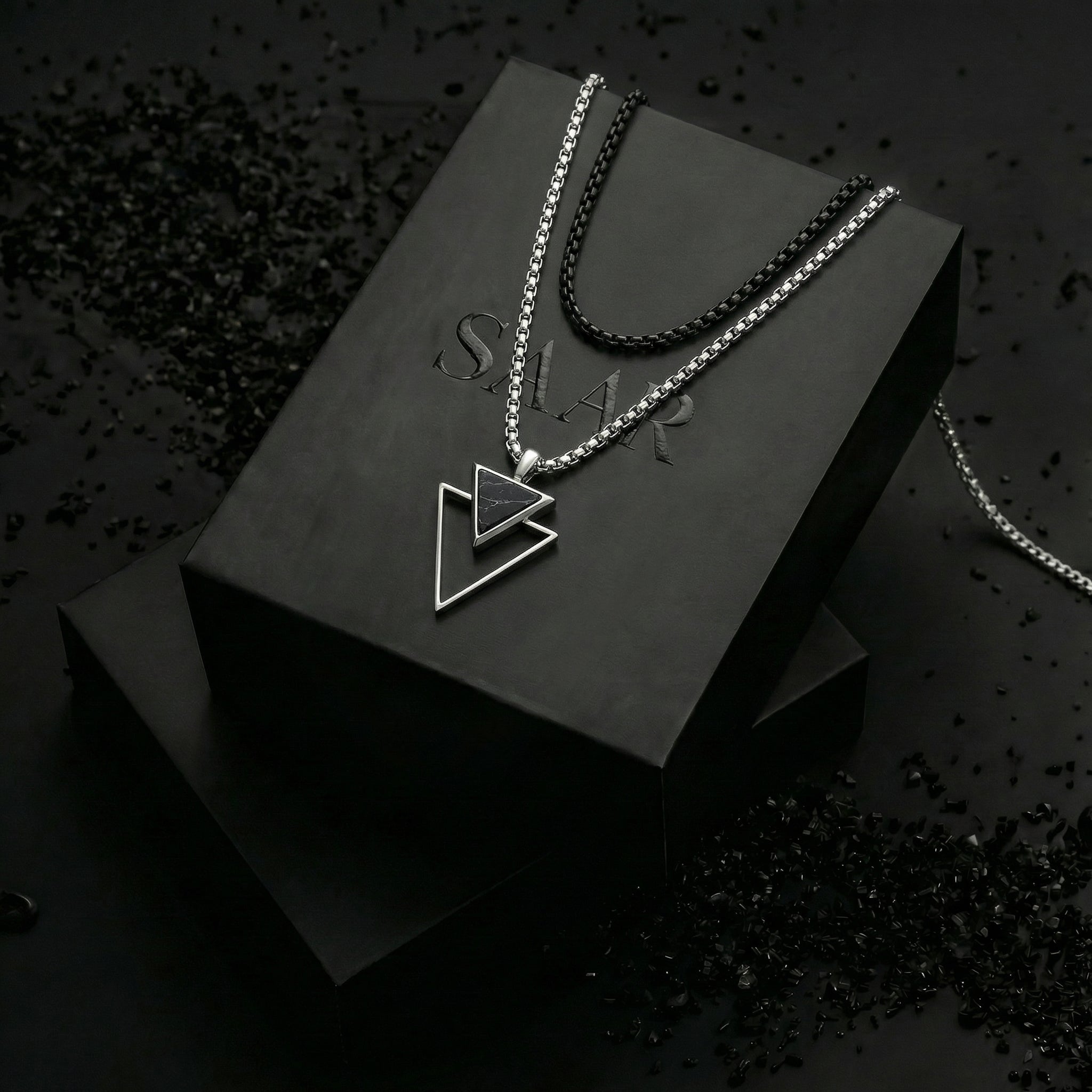 Pedro Stainless Steel Box Chain with Double triangle Onyx Pendant