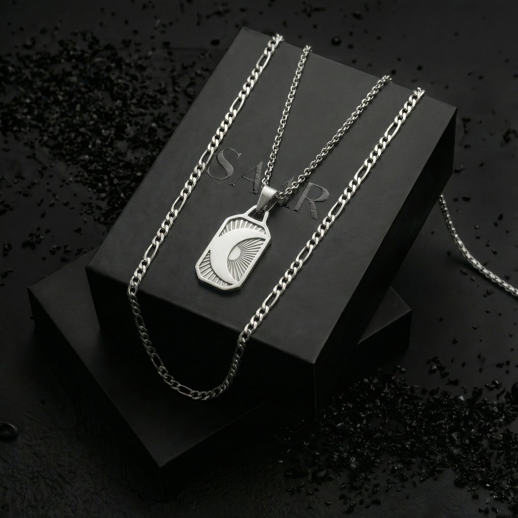 Stainless Stee Plated 5mm Figaro chain and Moon pendant necklace